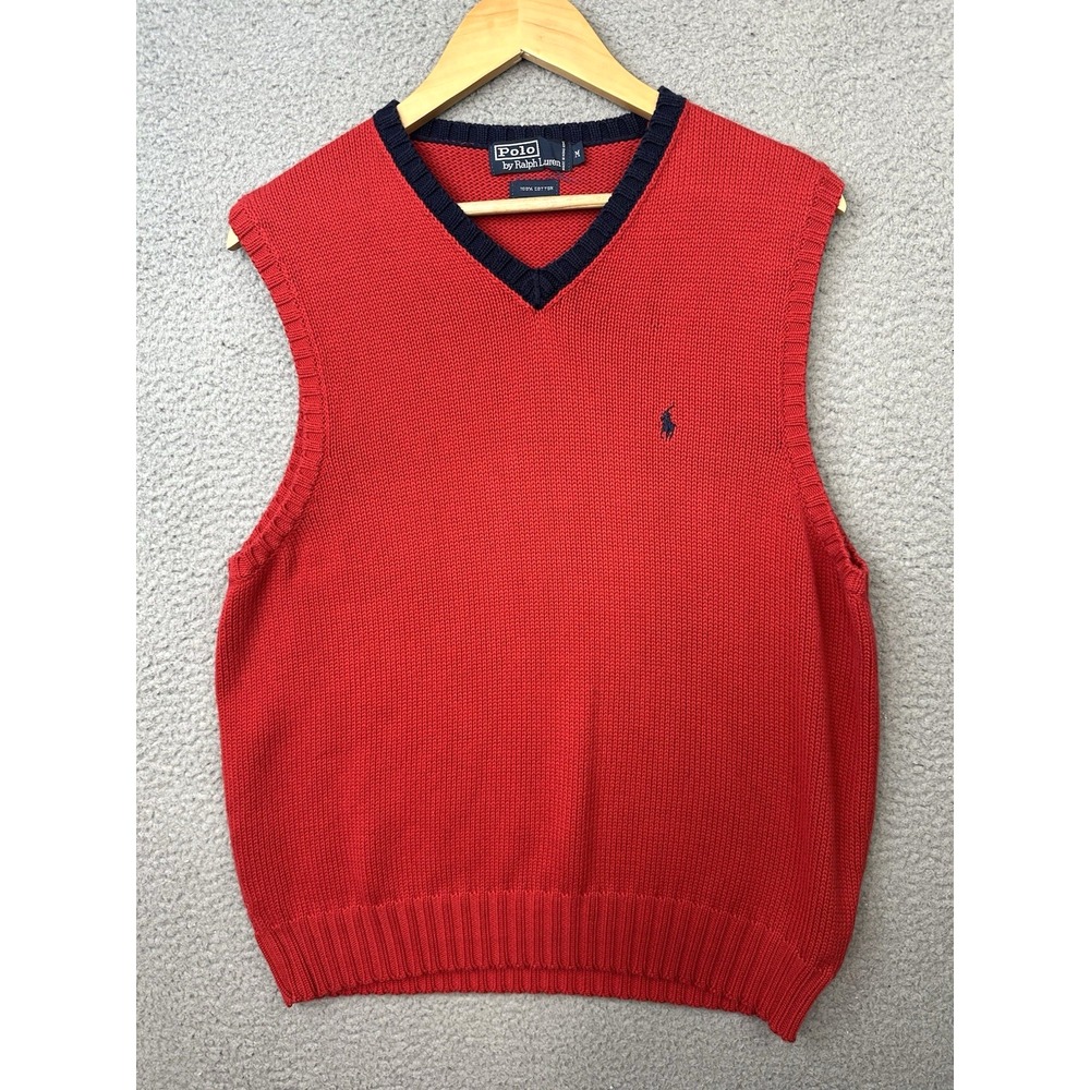 VTG 90s Polo Ralph Lauren Sweater Vest Men Medium Red Navy Cotton Hong Kong